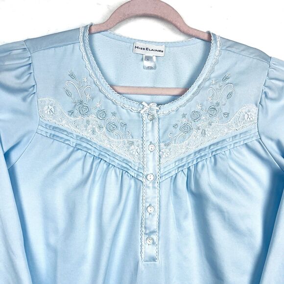 VTG Miss Elaine Blue Nightgown Sleepshirt Womens SZ L Embroidered Collar Retro - Picture 5 of 10